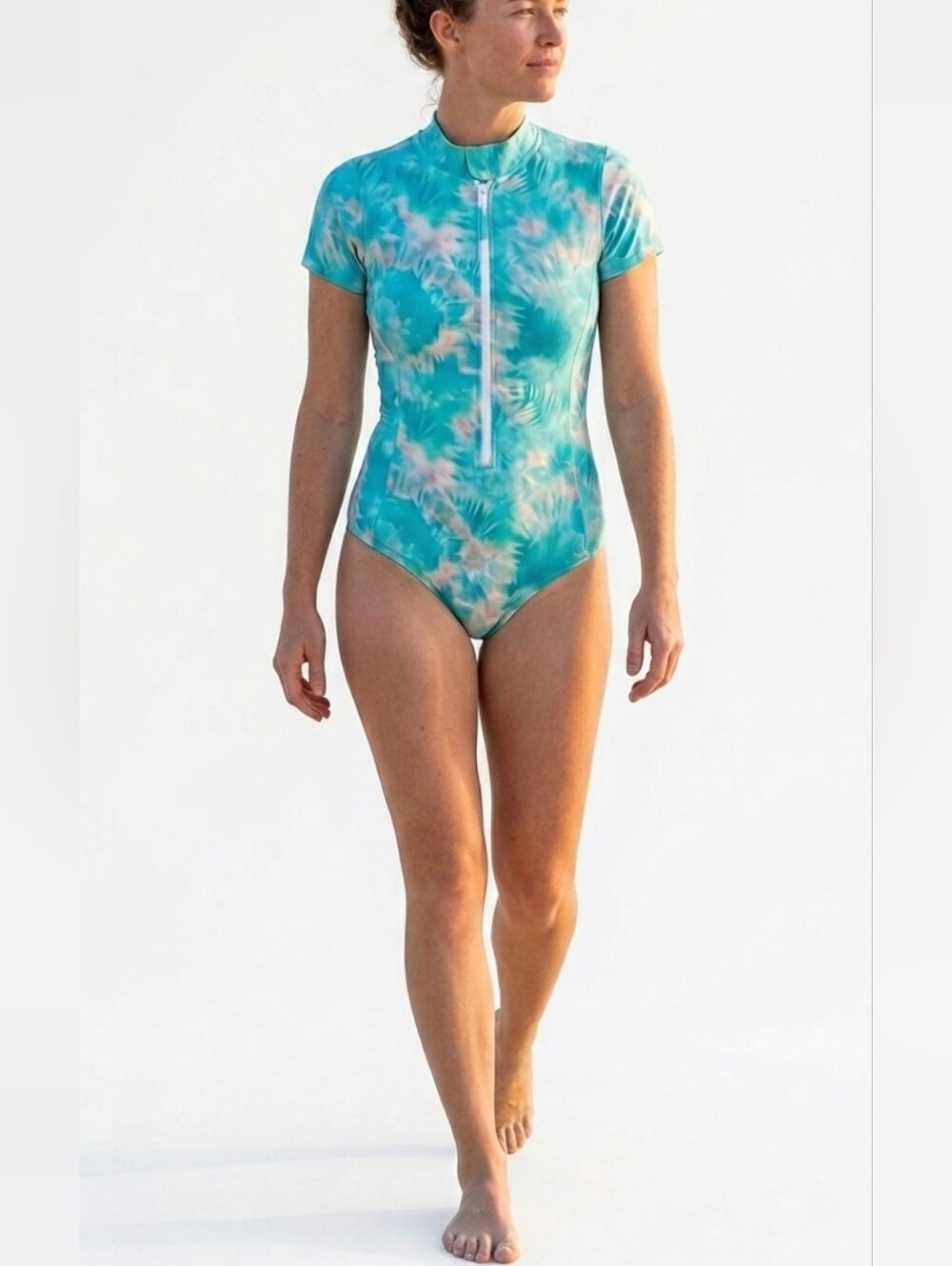 NWT Johnny Was Calme Neoprene Swimsuit Large Aqua Tie Dye Zip Front Scuba